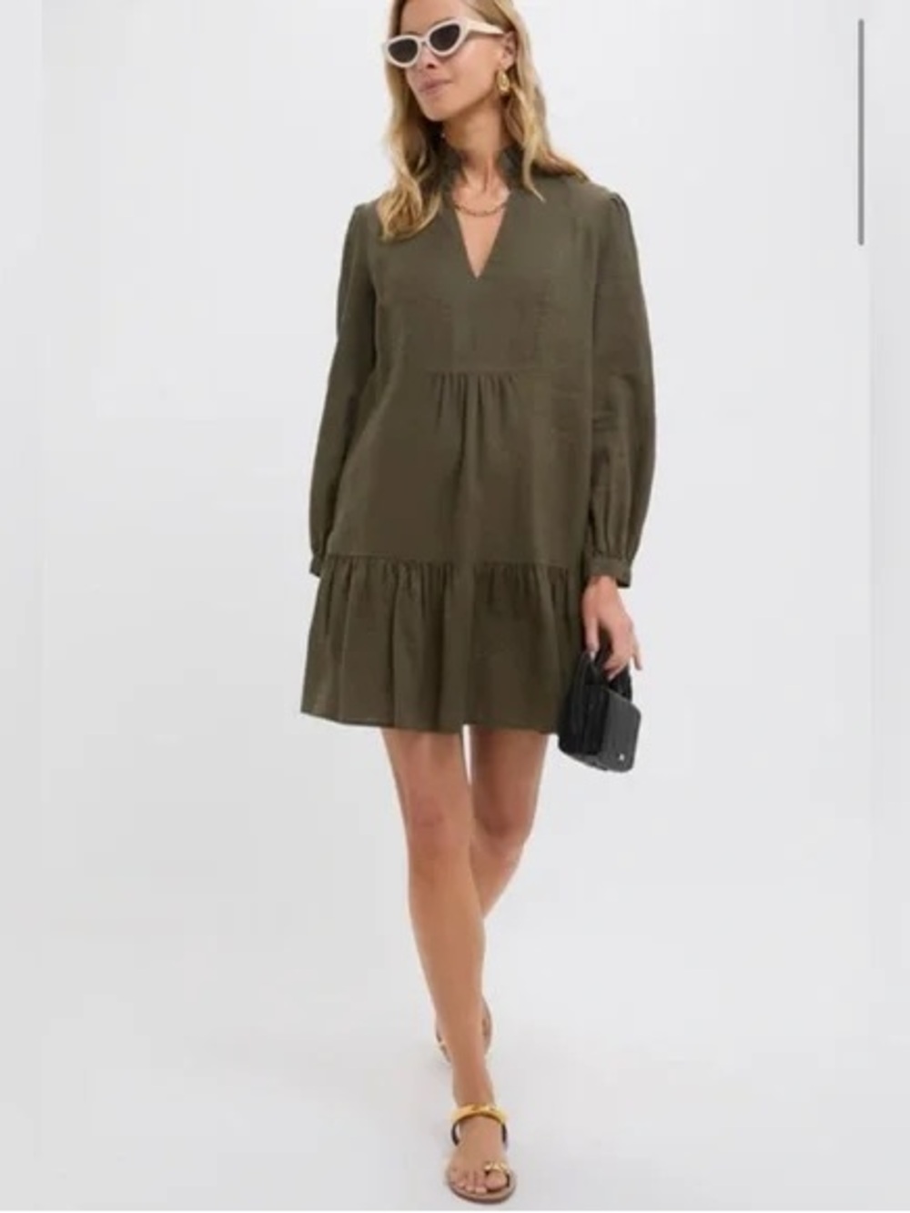 Tuckernuck Olive V‑Neck Tiered Long Sleeve Mini Dress